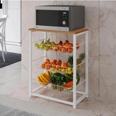 Imagem de Fruteira com Suporte para Micro-ondas Barcelona Aço Branco Cesto Branco Tampo Canela