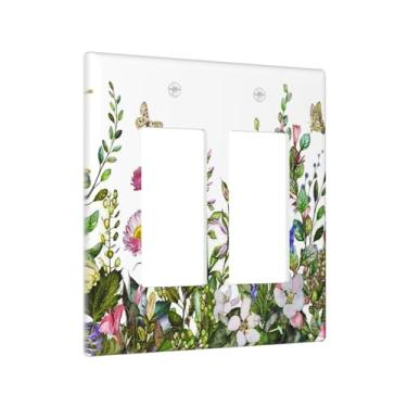 Imagem de Wildflower Floral 2 Gang Light Switch Cover Folha Verde Rústica Decorativa Placa de Parede Duplo Rocker Flor Colorida Planta GFCI Placa de Comutação Elétrica para Decoração de Casa