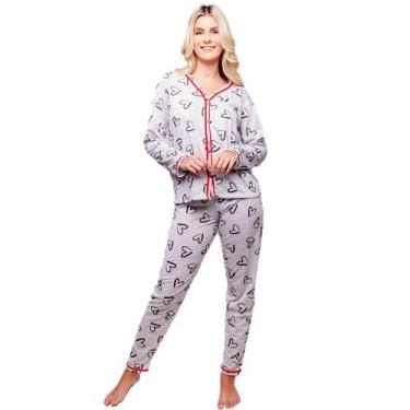Imagem de Pijama Diones Feminino Estampado Americano Manga Comprida, Cinza, GG