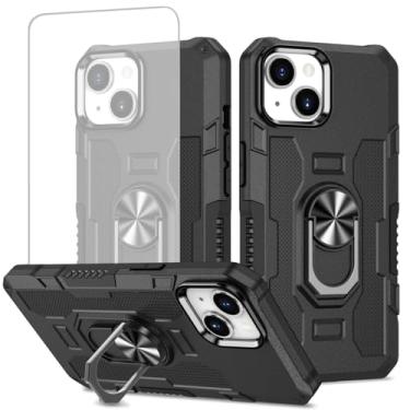 Imagem de Ueokeird Capa para iPhone 13 6,1 polegadas Apple 13 capa com protetor de tela de vidro temperado, proteção resistente com anel de metal suporte magnético capa de telefone para iPhone 13 preta