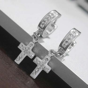Imagem de Brincos pendentes Strass Cruz Argola Cravejada Cruz Pendurada Banhada 