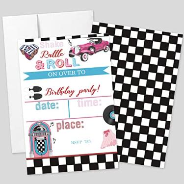 Imagem de 20 conjuntos de convites de festa de aniversário de meia hop dos anos 50 com envelopes, Jukebox retrô dos anos 1950, cartões de convite de festa de aniversário impressos frente e verso para