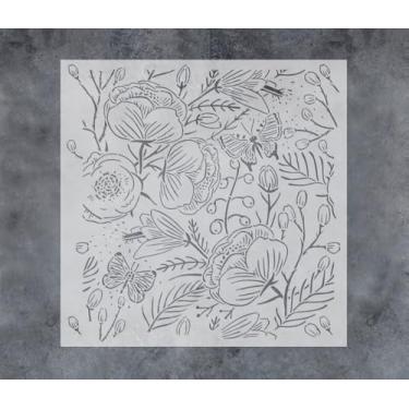 Imagem de GSS Designs Estênceis de flores para pintura em tela de madeira, papel, tecido, parede, estêncil, floral, 30,5 x 30,5 cm, reutilizável, faça você mesmo, para pintar flores e folhas
