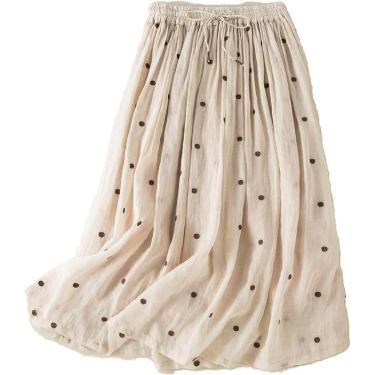 Imagem de Saia feminina de algodão e linho – verão com estampa de bolinhas, saia plissada fina versátil, cintura elástica retrô, cinto grande, forrado, saia longa evasê, verde exército, M