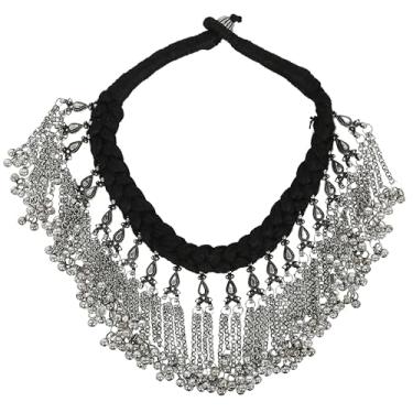 Imagem de Indiano étnico antigo afegão prata oxidada polonês ghungroo sinos boho cigano tribal declaração multi espelho pedra gargantilha colar colar brincos joias para mulheres, Metal, Sem Pedra Preciosa