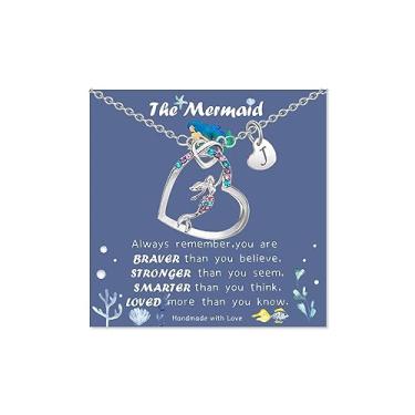 Imagem de LINY Presente de sereia para meninas colar de sereia com letras de arco-íris colar de sereia com letra inicial joias de sereia para meninas adolescentes, filha, sobrinha, aniversário, presentes de volta às aulas, Metal, Sem Pedra Preciosa