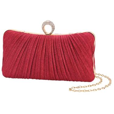 Imagem de Bolsa clutch feminina dourada com purpurina, plissada, para festa de casamento nupcial com anel de strass, Vermelho