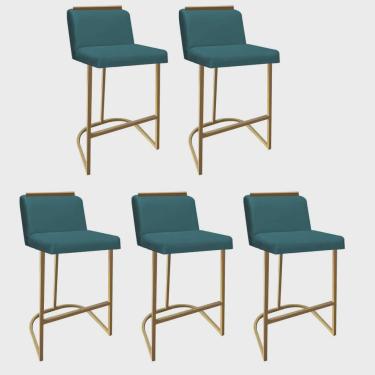 Imagem de Kit 05 Banquetas Com Encosto Ninna Bistrô Cozinha Aplique Ferro Dourado Suede Azul Turquesa - Ahz Móveis