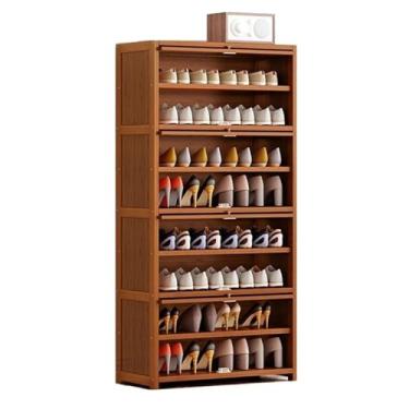 Imagem de Armário de sapatos organizador de armazenamento de sapatos para entrada, armário de sapatos de bambu de grande capacidade com porta dobrável, armário de armazenamento de sapatos moderno para entrada