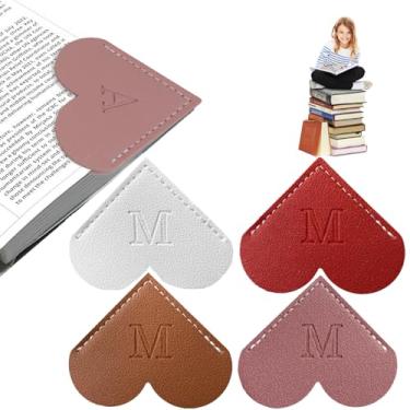 Imagem de 4 marcadores de livro de coração de couro personalizado com inicial, 26 letras, marcador de página de canto personalizado para mulheres leitoras, amantes de livros, professores, estudantes, acessórios