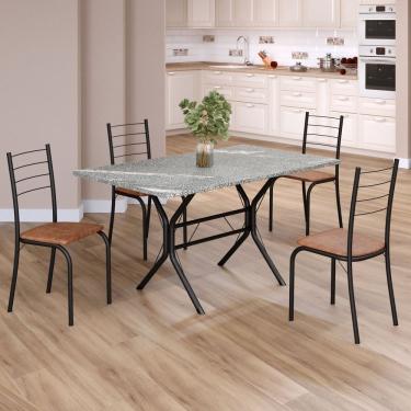 Imagem de Conjunto Sala De Jantar Mesa Retangular 120x75cm Tampo Granito Topázio 4 Cadeiras Rio C. Marrom - Preto Fosco