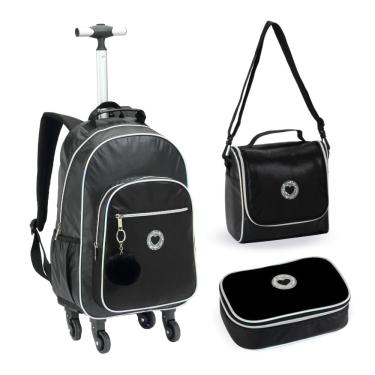 Imagem de Kit Mochila De Rodinhas + Lancheira + Estojo Just Love Denlex Preta