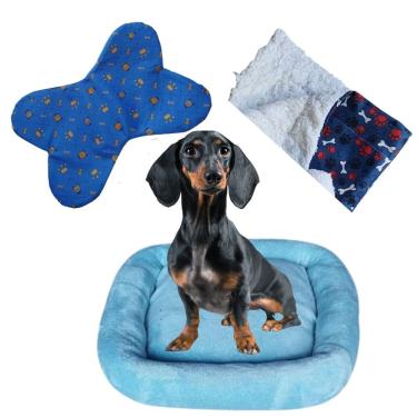 Imagem de Cama Bigata G Tecido Soft Com Comedouro E Mantinha Kit 3 Peças Azul Claro