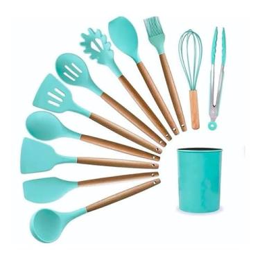 Imagem de Jogo de Cozinha Kit com 12 Peças de Silicone, Utensílios e Copo Suporte para Cozinha Cabo de Madeira(PEQUENO- Verde)
