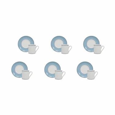 Imagem de Estojo com 6 Xícaras de de Café com Pires. Modelo Redondo Brasília. Decoração Maitê. Fabricado pela Porcelana Schmidt.