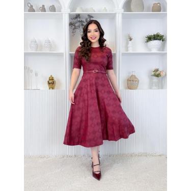 Imagem de Vestido Midi de material sintético Feminino Com Cinto Manga 3/4 Elegan