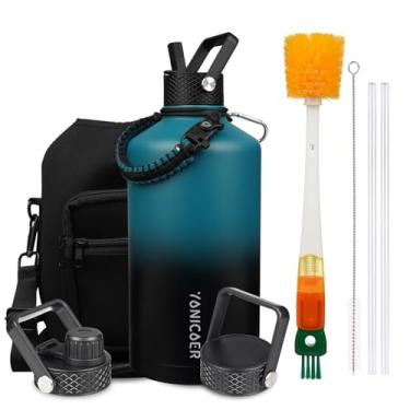 Imagem de YONICOER Garrafa de água isolada de 3,628 g, aço inoxidável a vácuo de parede tripla (pode ser lavada na lava-louças), à prova de vazamento e não BPA, jarro com alça de paracord e tampas de bico de