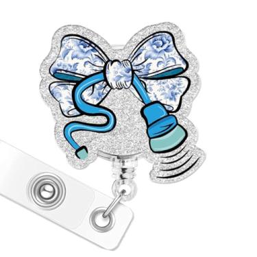 Imagem de Carretel de crachá de ultrassom, suporte de crachá de identificação com laço de coquete de glitter azul, carretéis de crachá fofos para ultrassonografistas e profissionais médicos RN LPN CNA MA