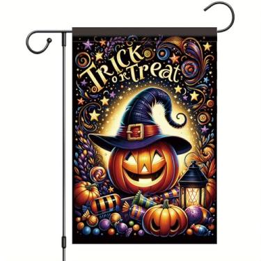 Imagem de Starlit Patio Bandeira de jardim de Halloween de 30,5 x 45,7 cm chapéu de bruxa de abóbora para decoração de quintal dupla face outono feriado faixa sazonal para gramado pátio festa doce lanterna tema