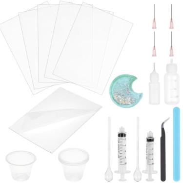 Imagem de OLYCRAFT Conjunto de 12 peças de película protetora de vedação de plástico, conjunto de filmes agitadores de resina de 8,5 x 12 cm com seringas dispensadoras de cola e agulhas de plástico, colher de