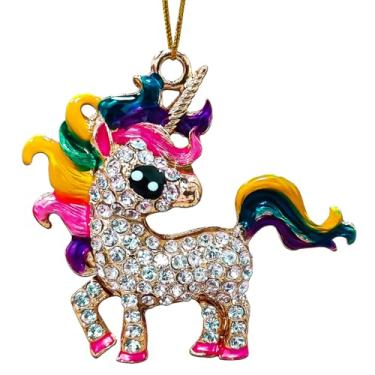 Imagem de Enfeite de Natal de unicórnio, enfeites de unicórnio para árvore de Natal, ornamento metálico de arco-íris com strass brilhante, lindos ornamentos fofos para crianças e meninas
