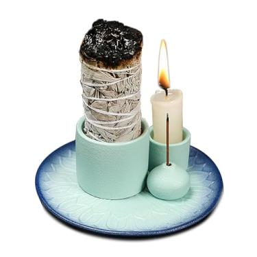Imagem de Incenso de cerâmica multifuncional 4 em 1 e suporte de vela com bandeja coletora de cinzas, adequado para queimar sálvia branca, palitos Palo Santo (azul celeste)