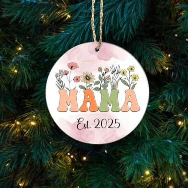 Imagem de Ornamento de Natal de acrílico Mama Est 2025 para mamãe flor floral para árvore de Natal, anúncio de gravidez, presente de nova mãe, decoração de chá de bebê, enfeite de primeira mãe