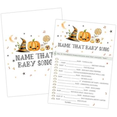 Imagem de Jogo de chá de bebê Orange Black Halloween Name That Baby Song, 30 peças chapéu de Halloween abóbora revelar jogos para convidados, decorações de revelação de gênero neutro lembrancinhas de atividades