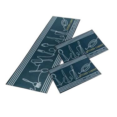 Imagem de Jogo Tapete Passadeira 3 Pçs Antiderrapante Emborrachado Capacho Cozinha Talheres Listrado Preto Macio