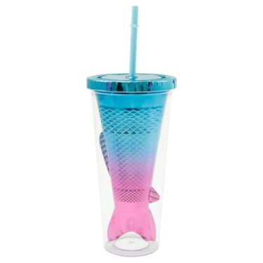 Imagem de Copo de cauda de sereia ABS, copo duplo de palha de cauda de sereia, copo de canudo gradiente de 350 ml, caneca de água com glitter à prova de vazamento para festa, presentes de sereias para meninas