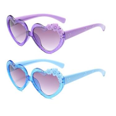 Imagem de OZPYKAE Óculos de sol com flor de coração para meninas, óculos bonitos em forma de coração, proteção UV 400, óculos de sol para uso ao ar livre para meninas e meninos, Roxo + azul, One Size