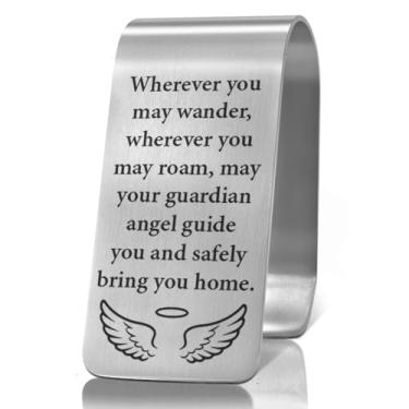 Imagem de XQLZY Wherever You May Wander May Your Guardian Angel Safely Bring You Home Clipe de viseira de carro de aço inoxidável gravado, anjo da guarda inspirador presentes de condução segura para família