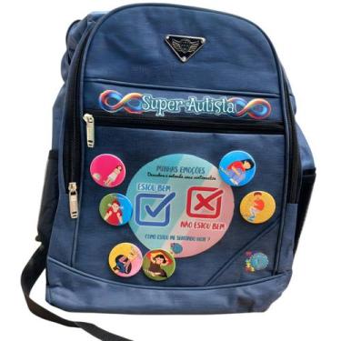 Imagem de Mochila Super Autista azul com jogo das emoções + Bóttons interativos 
