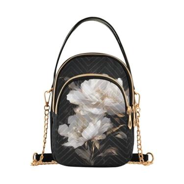 Imagem de JIPONI Elegante bolsa tiracolo acolchoada com flor de lótus branca para mulheres, bolsa pequena para celular bolsa de ombro com alça de couro