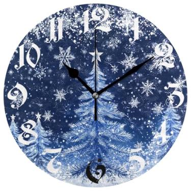Imagem de Relógio redondo azul árvore de Natal números grandes Ano Novo Decorativo Inverno Floco de Neve Prata Relógios de Parede de Natal 25 cm Operado por Bateria Quartzo Analógico Silencioso Relógio de Mesa
