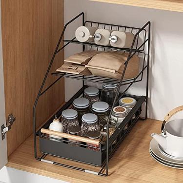 Imagem de Organizador de armário embaixo da pia empilhável sob a pia, com gaveta de cesta deslizante, suporte de especiarias, cesto deslizante sob a pia, para cozinha, banheiro, escritório, mesa, preto 22 x 40