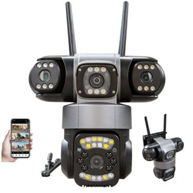 Imagem de Camera de Segurança Tres Lentes 360 Graus App Wifi Microfone Audio Sensor Movimento Visao Noturna Residencial Comercial