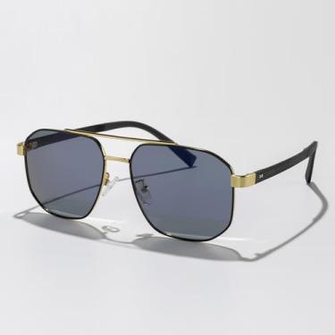 Imagem de Óculos de sol quadrados vintage de metal duplo para mulheres e homens, óculos de sol retrô modernos perfeitos para dirigir, viajar, estilo de rua, Armação dourada e preta/lente espelhada azul, Lens