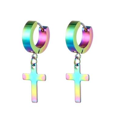 Imagem de Brincos masculinos com pingente de cruz preta, aço inoxidável, corrente longa, conjunto de brincos de argola unissex, one size, Titânio, Sem pedra preciosa