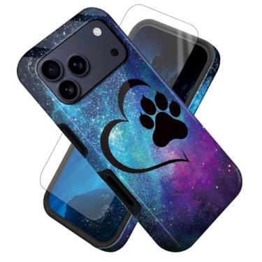 Imagem de FUYOCWE Capa para iPhone 17 Pro, capa Galaxy Dog Pawprint Love com estampa lateral, protetor de tela + capa híbrida fina de camada dupla macia interna e rígida para iPhone 17 Pro de 6,3 polegadas