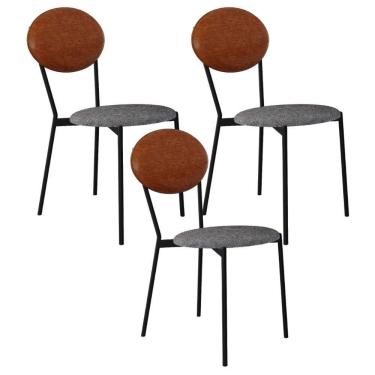 Imagem de Kit 03 Cadeiras Estofada Para Sala De Jantar Azuri Preto C01 Linho Prata Courino Caramelo - Lyam Decor