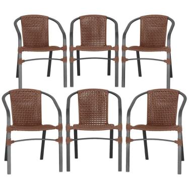 Imagem de 06 Cadeiras Floripa Alumínio Pintura Preta Trama Original Marrom
