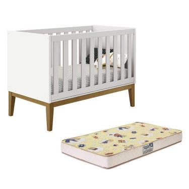 Imagem de Berço Mini Cama Classic Branco Fosco Com Pés Amadeirado E Colchão Supreme - Reller Móveis Branco Fosco
