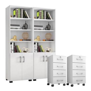 Imagem de Kit 2 Gaveteiros Para Escritório Gávea Com Chave E 2 Livreiros Office Com Portas Pequenas Branco Fosco - Móveis Leão