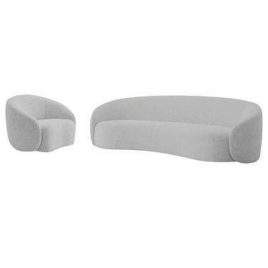 Imagem de Kit Sofá 3 Lugares 180cm E Poltrona Orgânica Luxo Recepção Amore Linho Cor Cinza Claro