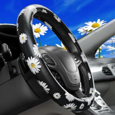 Imagem de Dotesy Capa de volante de carro de couro PU floral antiderrapante para mulheres, senhora, universal 38 cm margarida não tóxica