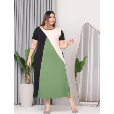 Imagem de Vestido Feminino Chemise Tricolor Plus Size Bolsos Funcionais Fenda El