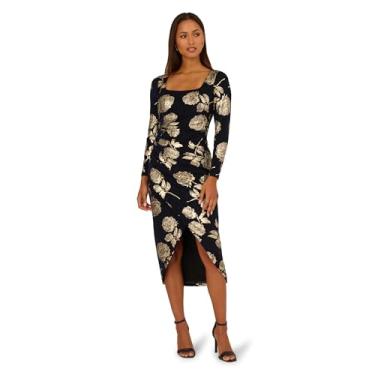 Imagem de Adrianna Papell Vestido midi floral rosa metálico de manga comprida, Azul-marinho/dourado, 38