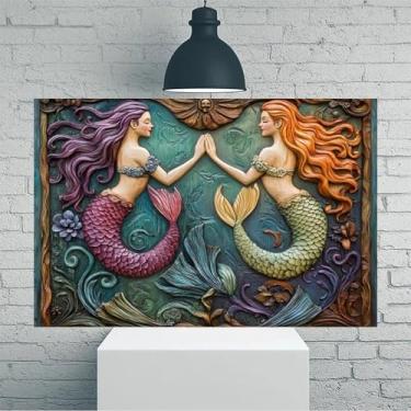 Imagem de Sereias de mãos dadas esculpindo arte de parede em tela rústica vintage - Pôster sem moldura de 30 x 45 cm - Ideia de presente para decoração de casa e escritório para sala de estar, quarto, cozinha e