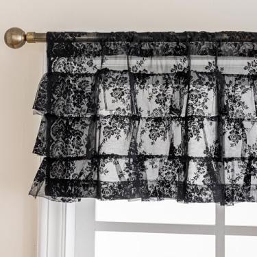 Imagem de Kotile Saia de renda preta com babados 1 painel L 132 x C 45 cm Cottagecore gótico floral vintage saia com babados para janela de cozinha sobre a pia, cortina de babados curta para banheiro com bolso